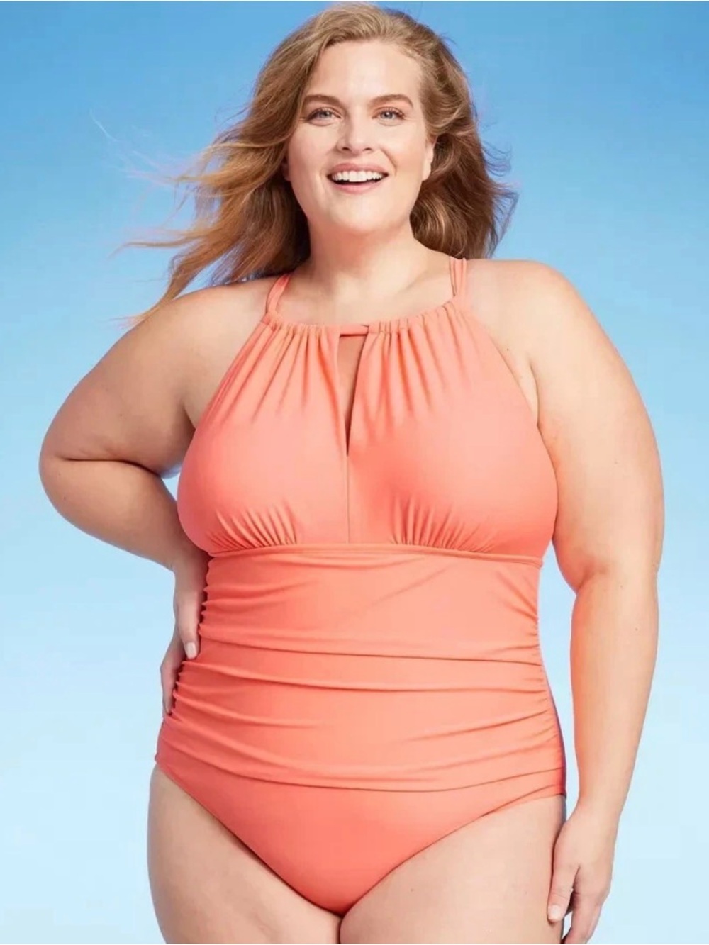 NWT Kona Sol Full Coverage Tummy Control High Neck Halter Swimsuit Coral Sz 20